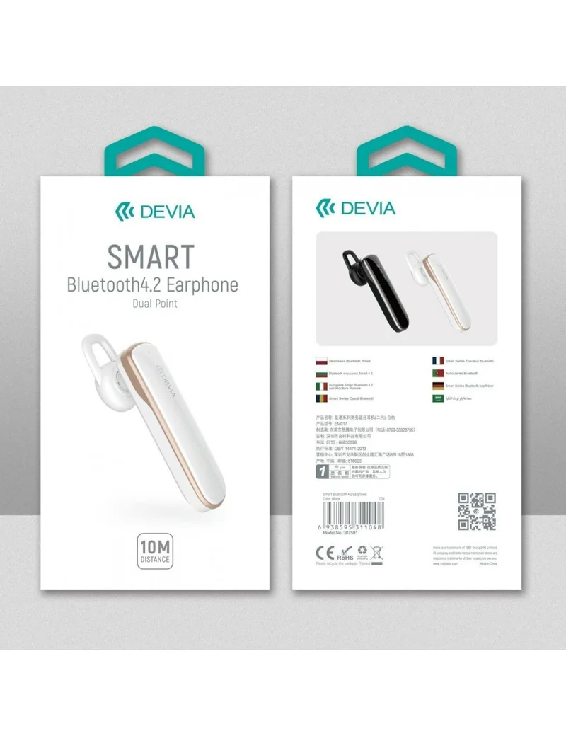 Auricolare Devia Smart Bluetooth 4.2 Riduttore Rumore Bianco
