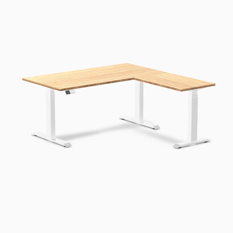 Desky Bamboo L-Shape Sit Stand Desk 150 x 155 cm and White Leg